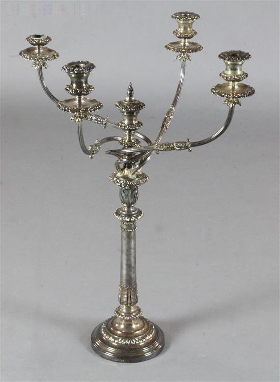 A 19th century Sheffield plate four branch, five light candelabrum, 68cm.